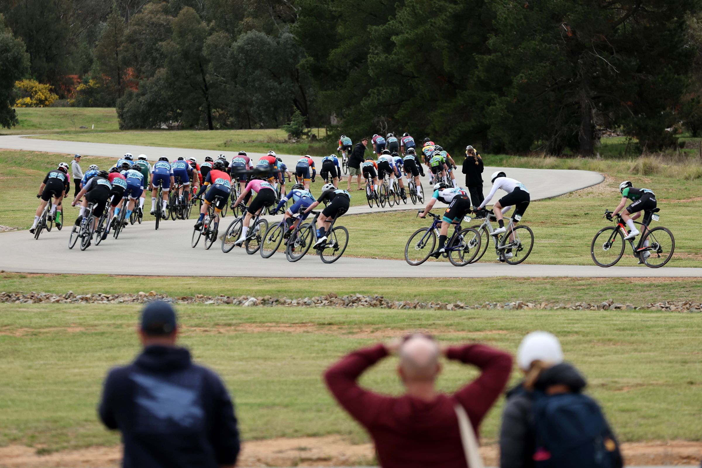 Spectators watch a junior criterium at the 2025 AusCycling Junior and Masters Road National Championships